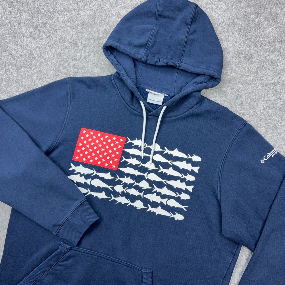 Columbia PFG Hoodie Mens Medium Navy‎ Blue Fish Flag Graphic Pullover Sweatshirt